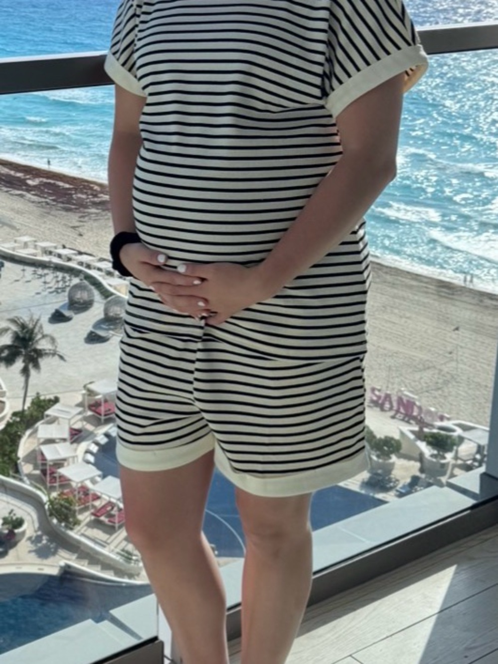Striped Beige & Black Maternity Top and Shorts